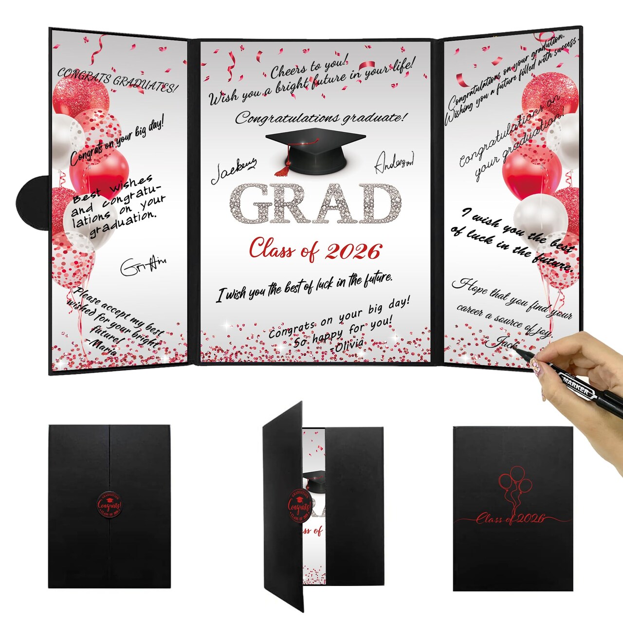 Black and Red Graduation Party Decorations, Red Class of 2026 Congratulations Graduates Alternative Signature Guest Book for Men Happy Graduation Gifts Congrats Grad Party Signing Card Board